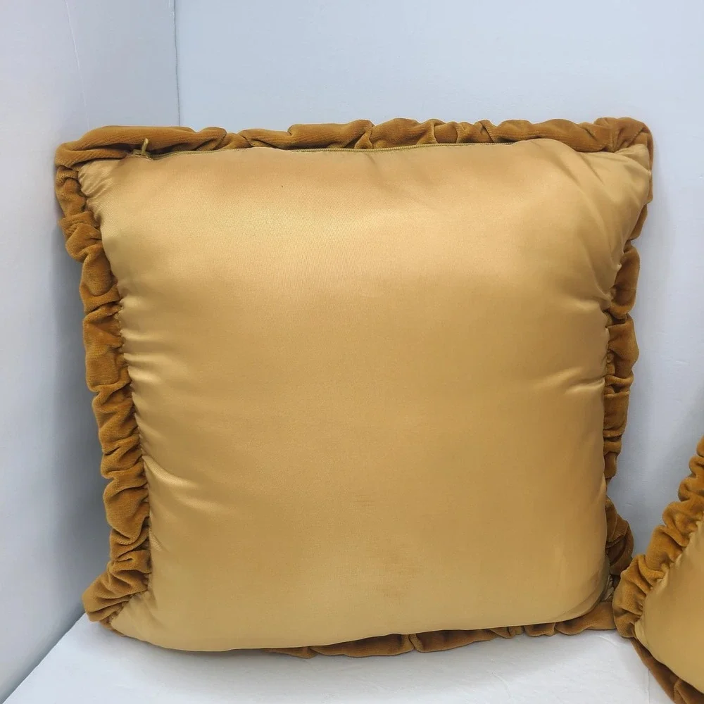 Vtg 70s Smocked Velvet Throw Pillows Pair Mustard Gold Smocking Floral Brocade 2